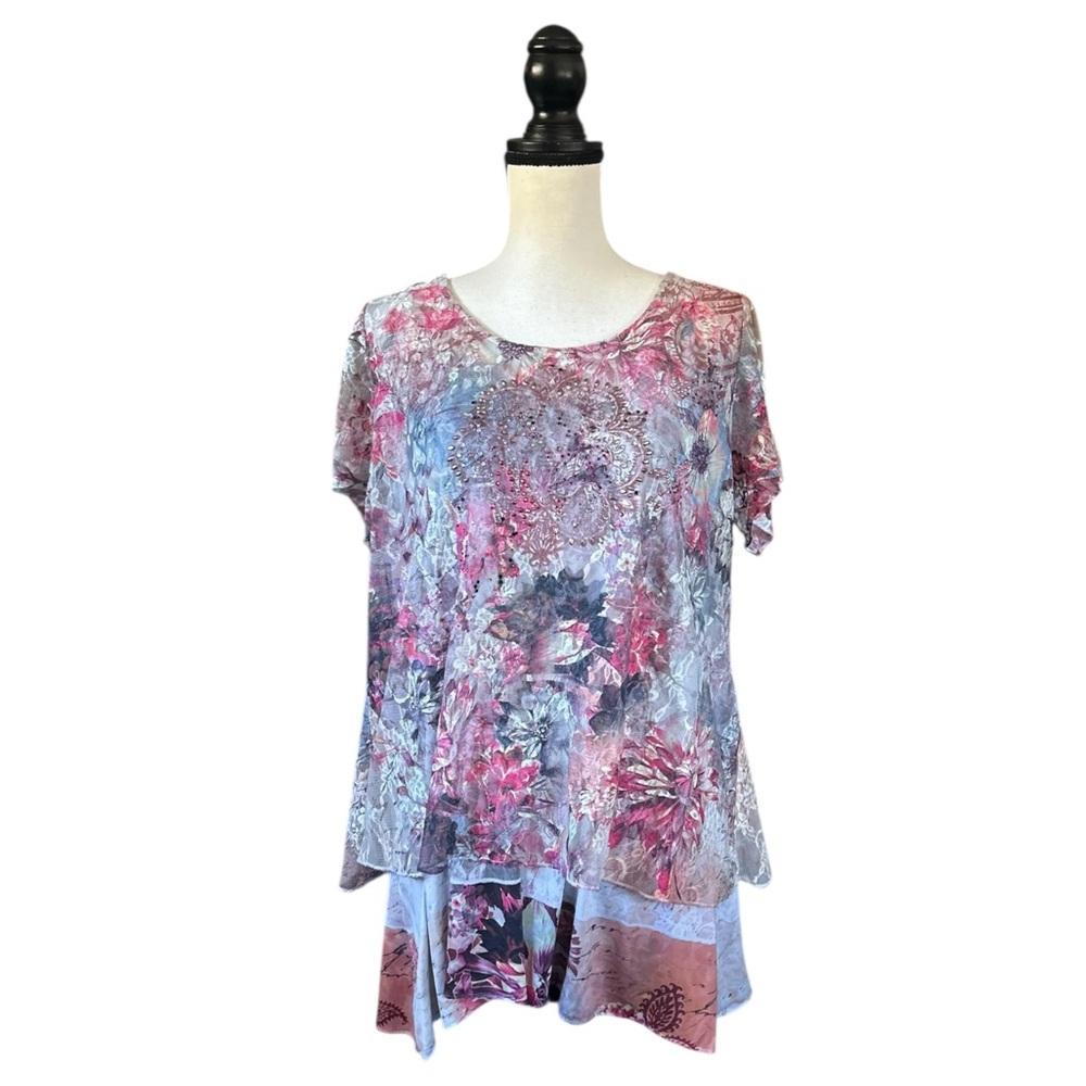 Simply Emma Embellished Floral Mesh Lace Layered Tunic Top Cottagecore Fairy 1X
